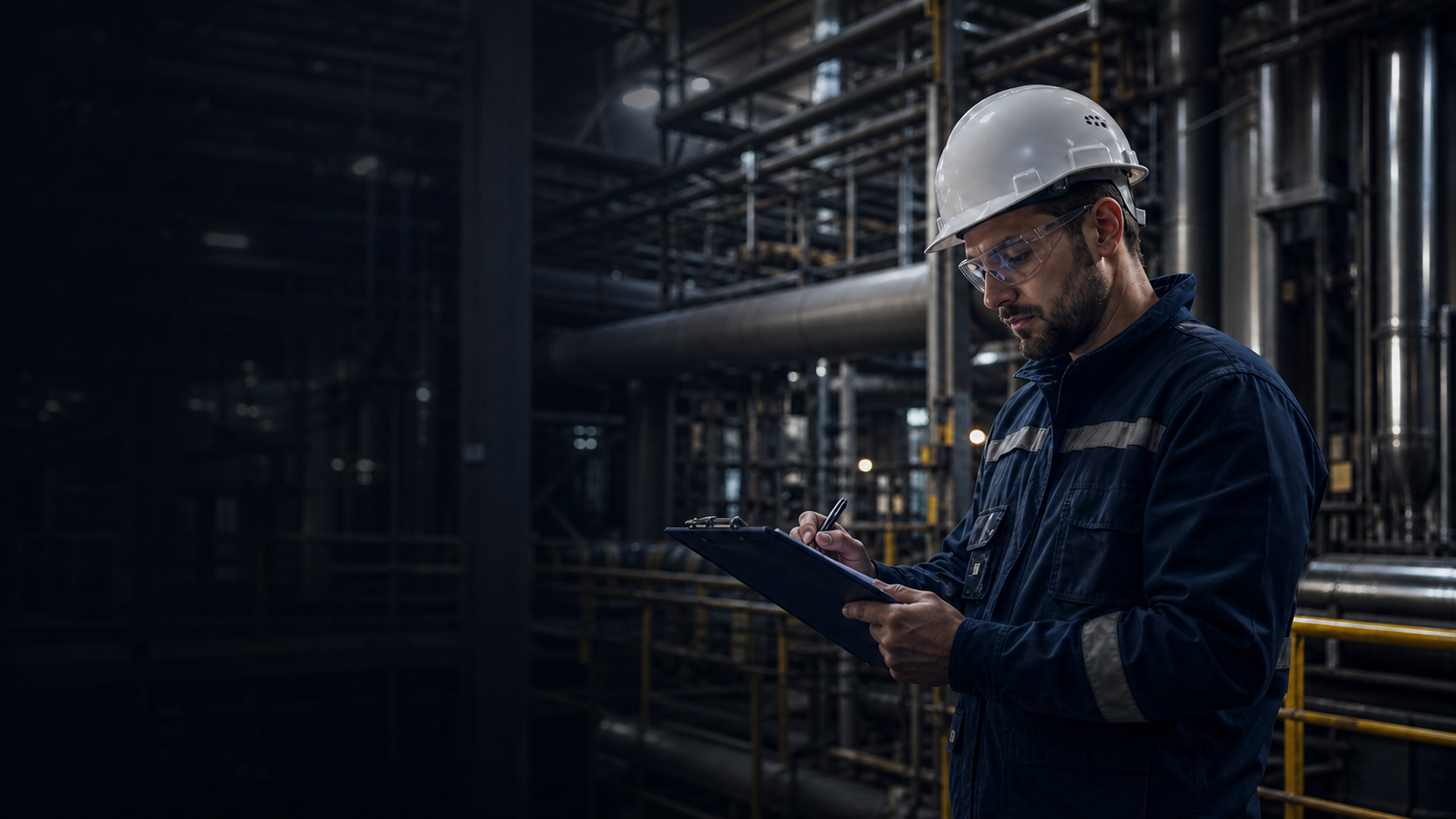 An industrial auditor reviewing operational records inside a process facility.